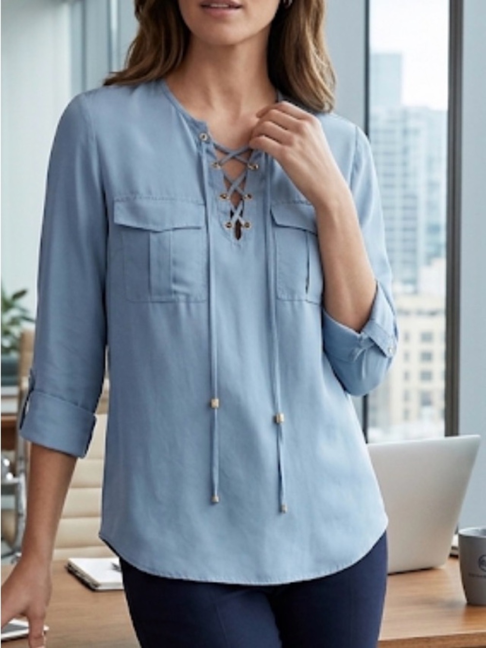 MICHAEL KORS Blue Tie Front Blouse Resort Chic 3/4 Sleeve Boho Top Sz XS